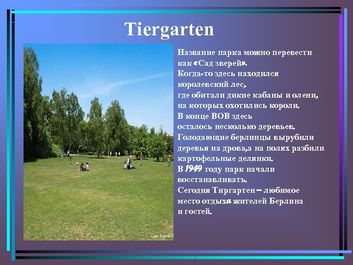 Tiergarten Название парка можно перевести как «Сад зверей» . Когда-то здесь находился королевский лес,