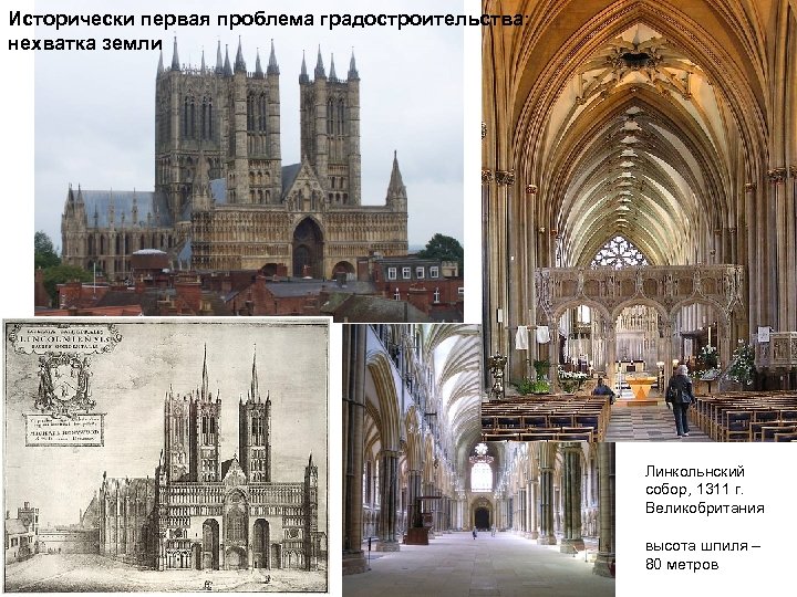 Исторически первая проблема градостроительства: нехватка земли Линкольнский собор, 1311 г. Великобритания высота шпиля –