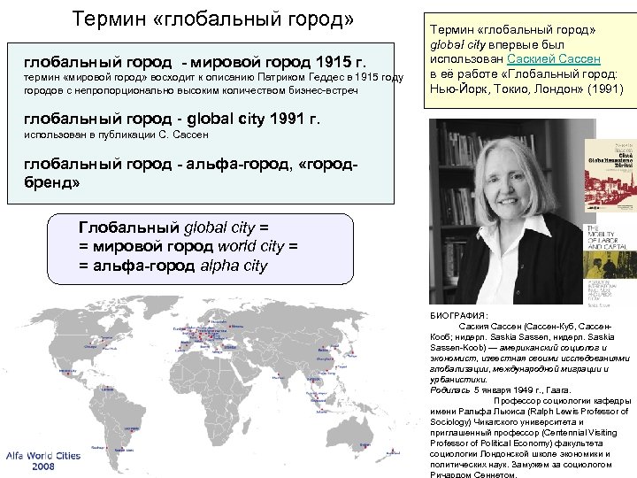 Термин «глобальный город» глобальный город - мировой город 1915 г. термин «мировой город» восходит