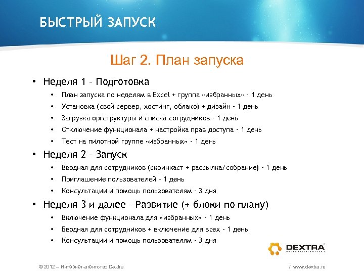 БЫСТРЫЙ ЗАПУСК Шаг 2. План запуска • Неделя 1 – Подготовка • План запуска