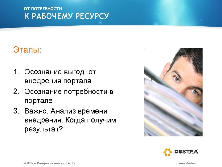 ОТ ПОТРЕБНОСТИ К РАБОЧЕМУ РЕСУРСУ Этапы: 1. Осознание выгод от внедрения портала 2. Осознание