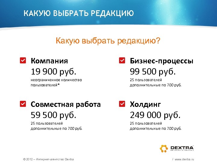 КАКУЮ ВЫБРАТЬ РЕДАКЦИЮ Какую выбрать редакцию? Компания Бизнес-процессы неограниченное количество пользователей* 25 пользователей дополнительные