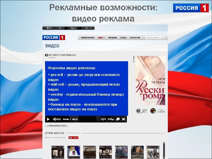 Рекламные возможности: видео реклама Форматы видео рекламы: • pre-roll – ролик до загрузки основного