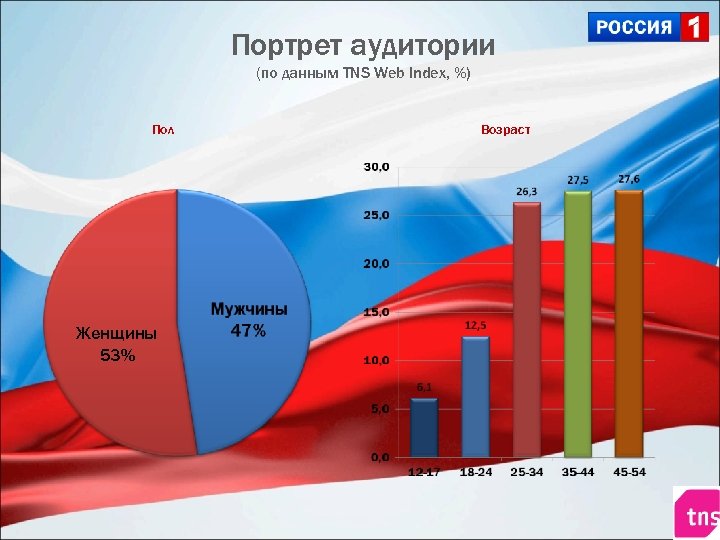 Портрет аудитории (по данным TNS Web Index, %) Пол Женщины 53% Возраст 