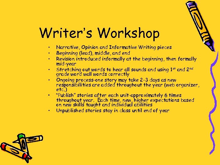 Writer’s Workshop • • Narrative, Opinion and Informative Writing pieces Beginning (lead), middle, and