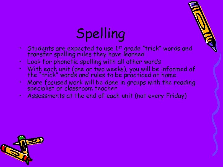 Spelling • Students are expected to use 1 st grade “trick” words and transfer