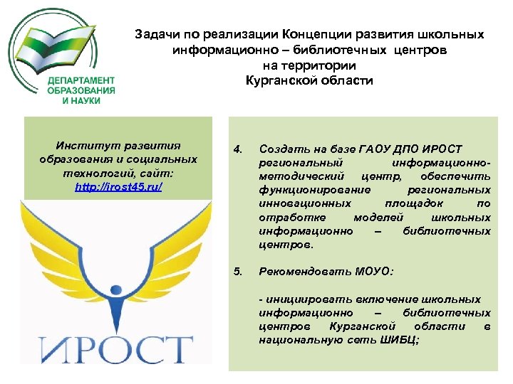 Задачи по реализации Концепции развития школьных информационно – библиотечных центров на территории Курганской области