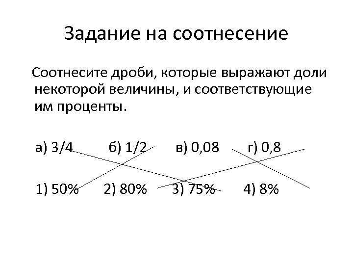 Задание на соотнесение Соотнесите дроби, которые выражают доли некоторой величины, и соответствующие им проценты.