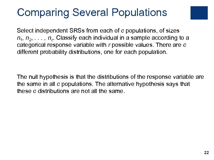 Comparing Several Populations Select independent SRSs from each of c populations, of sizes n