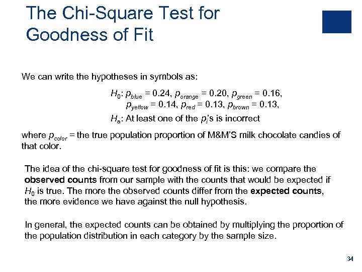 The Chi-Square Test for Goodness of Fit We can write the hypotheses in symbols