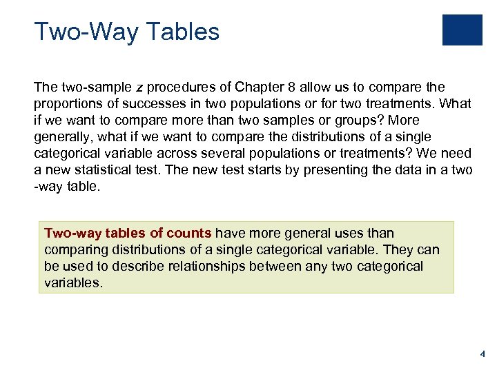 Two-Way Tables The two-sample z procedures of Chapter 8 allow us to compare the
