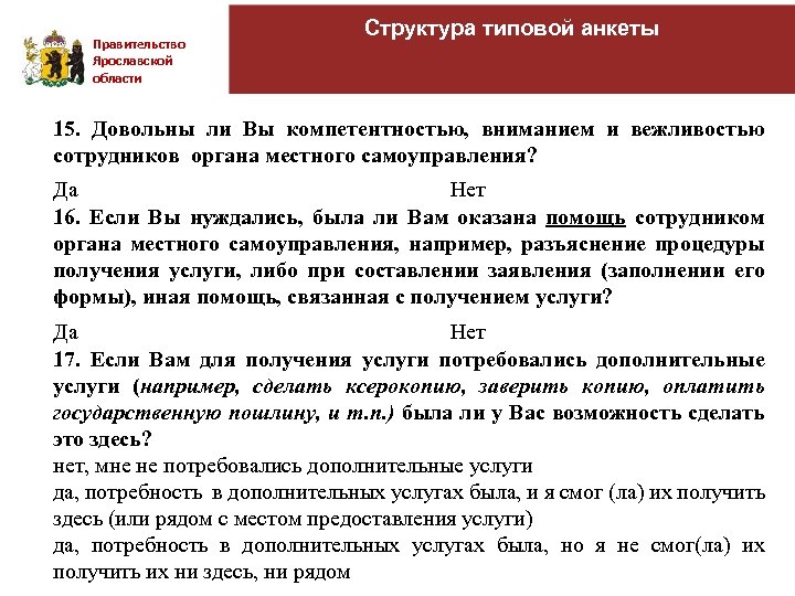 Правительство Ярославской области Структура типовой анкеты 15. Довольны ли Вы компетентностью, вниманием и вежливостью