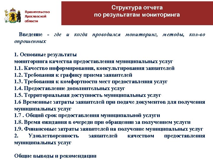 Правительство Ярославской области Структура отчета по результатам мониторинга Введение - где и когда проводился