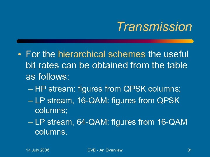 Transmission • For the hierarchical schemes the useful bit rates can be obtained from