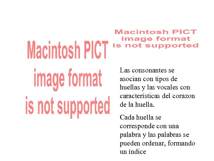 Las consonantes se asocian con tipos de huellas y las vocales con características del