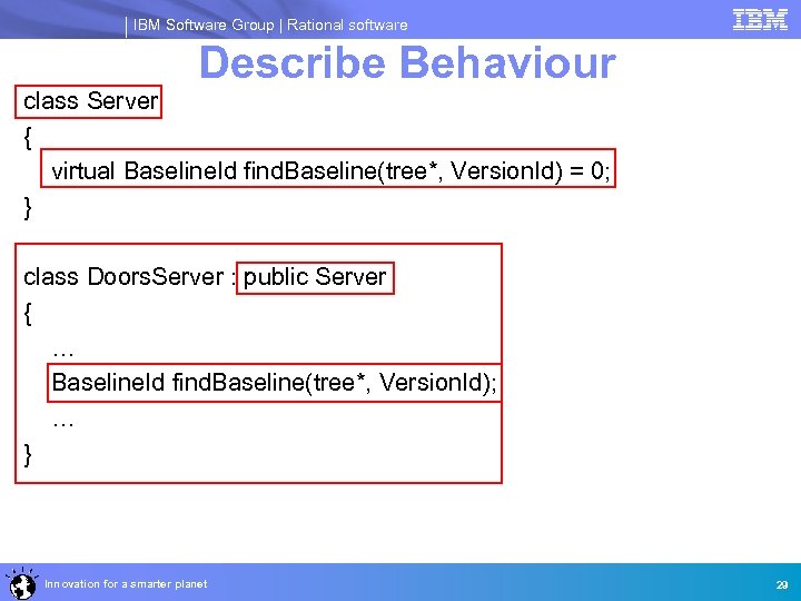 IBM Software Group | Rational software Describe Behaviour class Server { virtual Baseline. Id