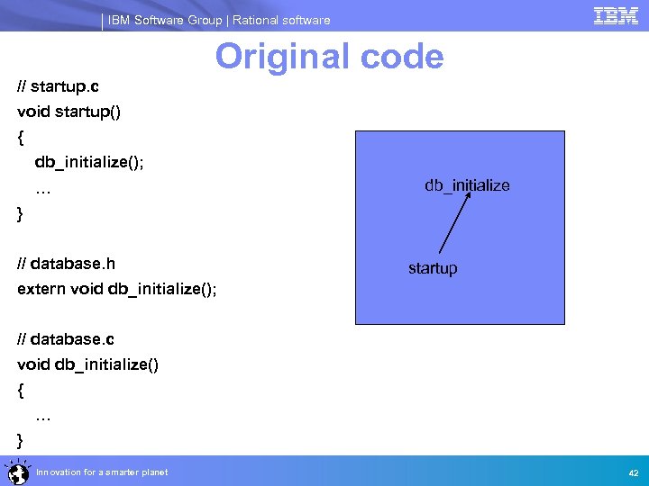 IBM Software Group | Rational software Original code // startup. c void startup() {