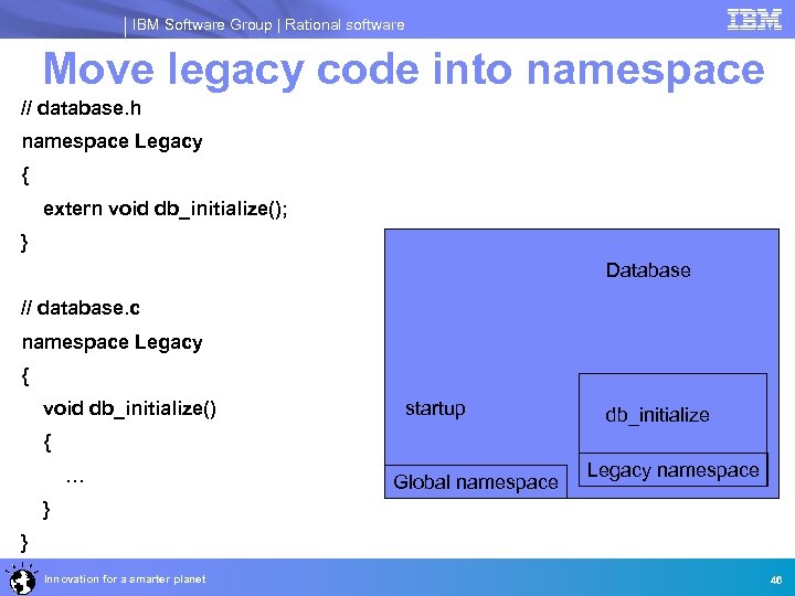 IBM Software Group | Rational software Move legacy code into namespace // database. h