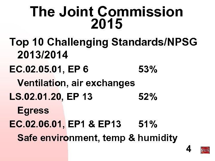 The Joint Commission 2015 Top 10 Challenging Standards/NPSG 2013/2014 EC. 02. 05. 01, EP