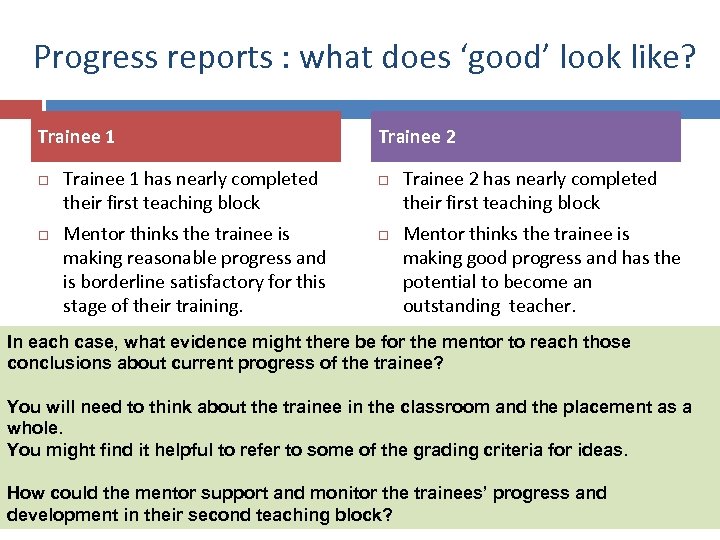 Progress reports : what does ‘good’ look like? Trainee 1 has nearly completed their