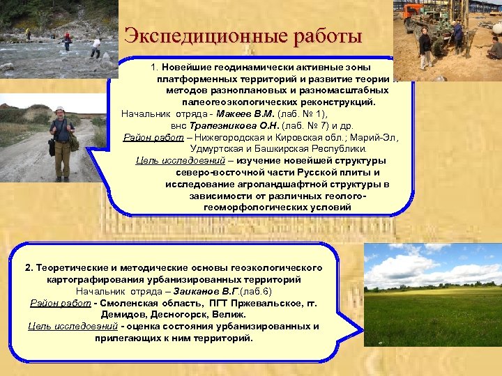 Экспедиционные работы 1. Новейшие геодинамически активные зоны платформенных территорий и развитие теории и методов