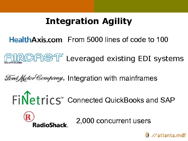 Integration Agility From 5000 lines of code to 100 Leveraged existing EDI systems Integration