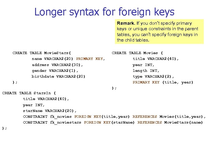 Longer syntax foreign keys Remark. If you don’t specify primary keys or unique constraints