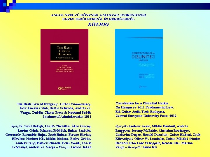 ANGOL NYELVŰ KÖNYVEK A MAGYAR JOGRENDSZER EGYES TERÜLETEIRŐL ÉS KÉRDÉSEIRŐL KÖZJOG The Basic Law