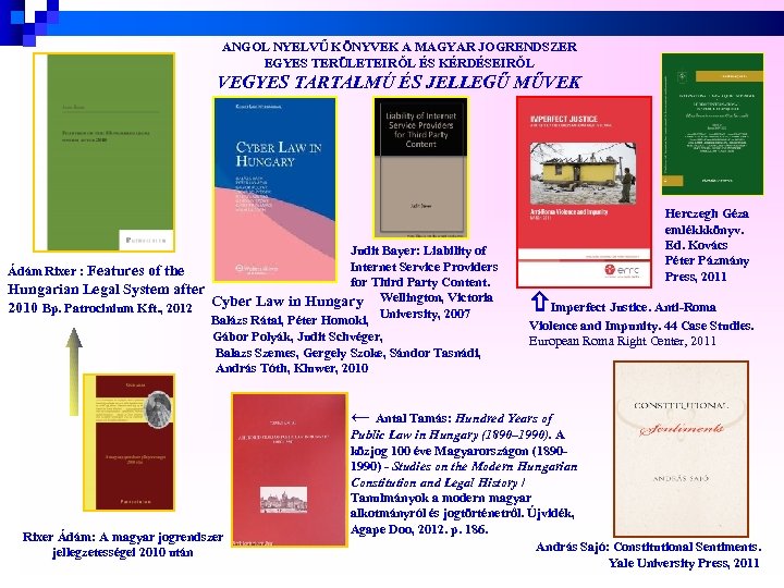 ANGOL NYELVŰ KÖNYVEK A MAGYAR JOGRENDSZER EGYES TERÜLETEIRŐL ÉS KÉRDÉSEIRŐL VEGYES TARTALMÚ ÉS JELLEGŰ