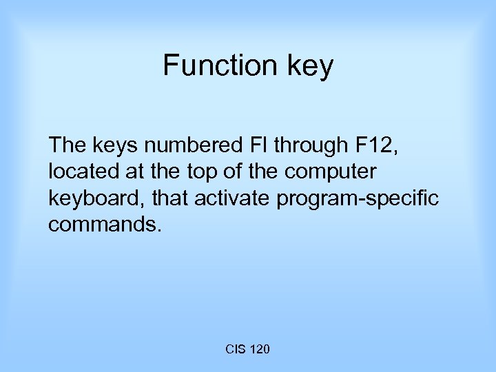 Function key The keys numbered Fl through F 12, located at the top of