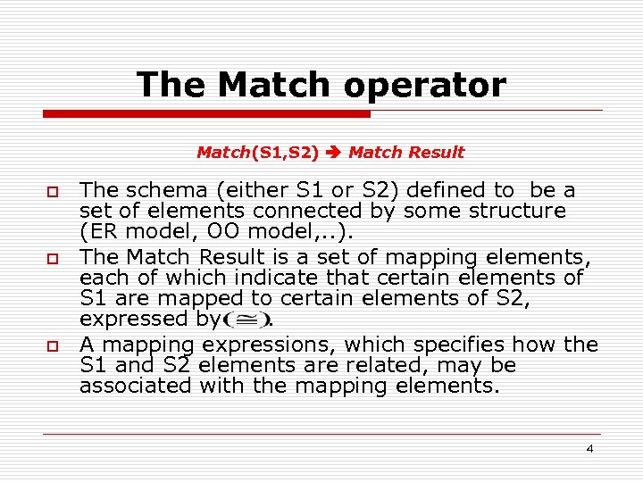 The Match operator Match(S 1, S 2) Match Result o o o The schema