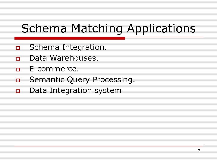 Schema Matching Applications o o o Schema Integration. Data Warehouses. E-commerce. Semantic Query Processing.