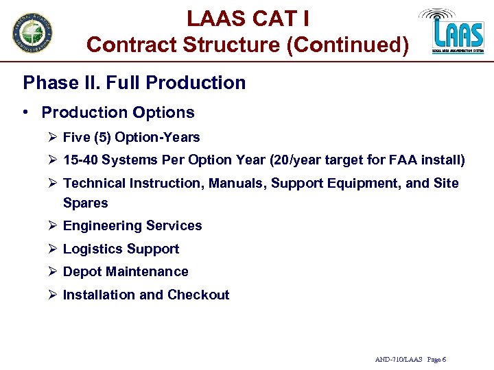 LAAS CAT I Contract Structure (Continued) Phase II. Full Production • Production Options Ø