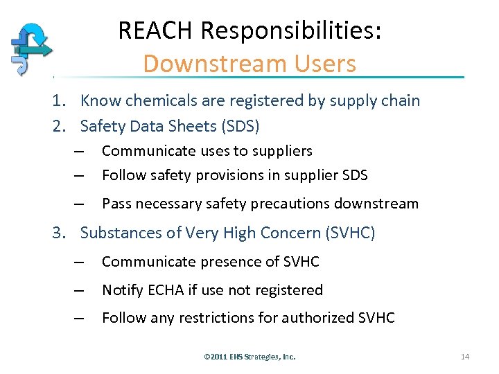 REACH Responsibilities: Downstream Users 1. Know chemicals are registered by supply chain 2. Safety