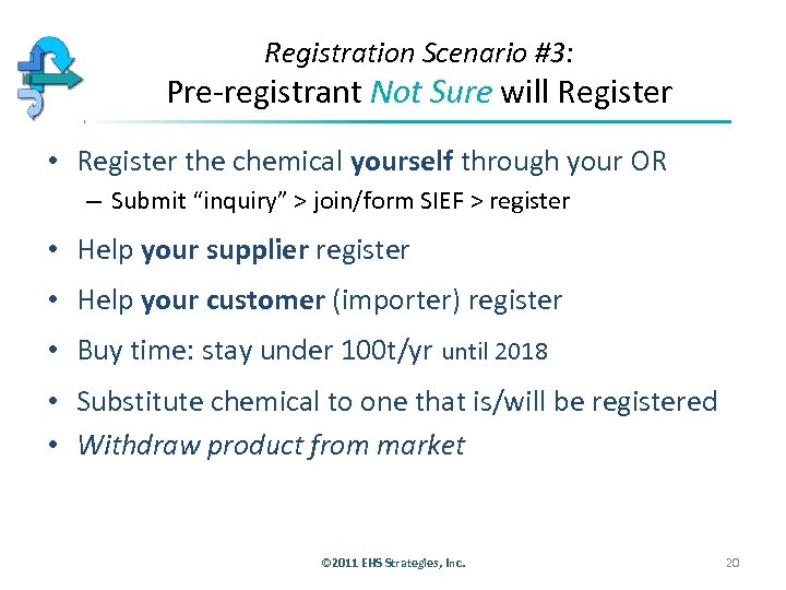Registration Scenario #3: Pre-registrant Not Sure will Register • Register the chemical yourself through