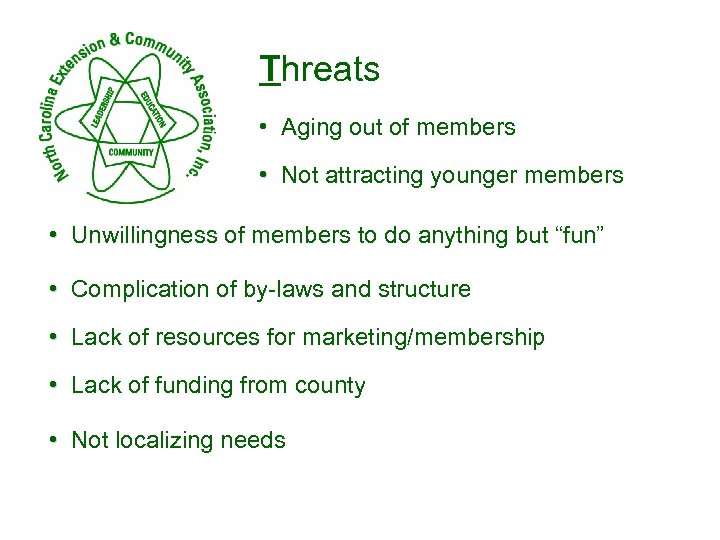 Threats • Aging out of members • Not attracting younger members • Unwillingness of