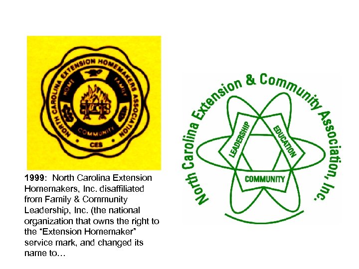 1999: North Carolina Extension Homemakers, Inc. disaffiliated from Family & Community Leadership, Inc. (the