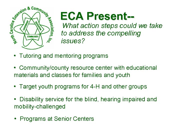 ECA Present-- What action steps could we take to address the compelling issues? •