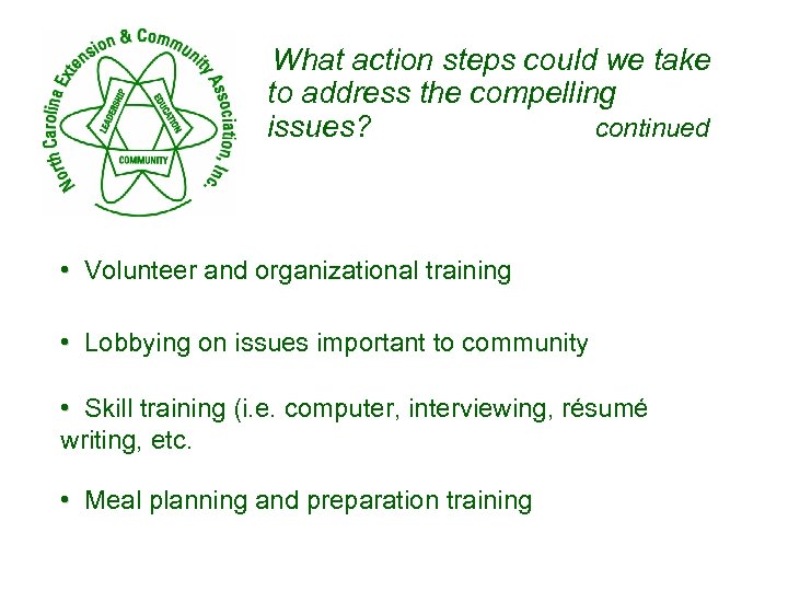 What action steps could we take to address the compelling issues? continued • Volunteer