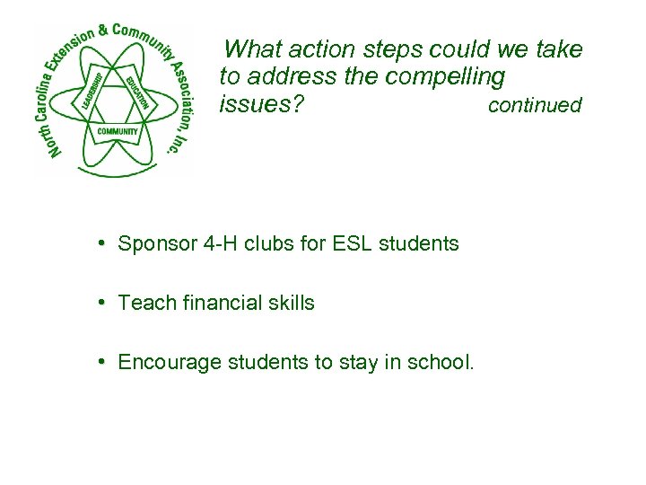 What action steps could we take to address the compelling issues? continued • Sponsor