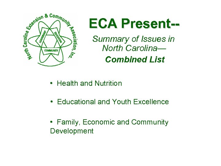 ECA Present-Summary of Issues in North Carolina— Combined List • Health and Nutrition •