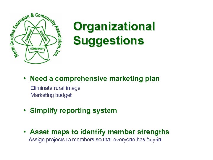 Organizational Suggestions • Need a comprehensive marketing plan Eliminate rural image Marketing budget •