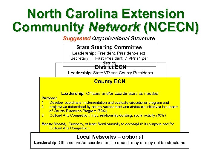 North Carolina Extension Community Network (NCECN) Suggested Organizational Structure State Steering Committee Leadership: President,