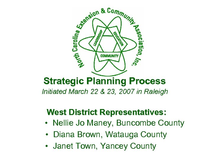 Strategic Planning Process Initiated March 22 & 23, 2007 in Raleigh West District Representatives: