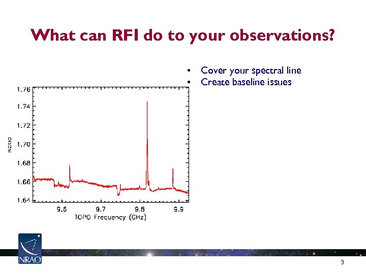 What can RFI do to your observations? • Cover your spectral line • Create