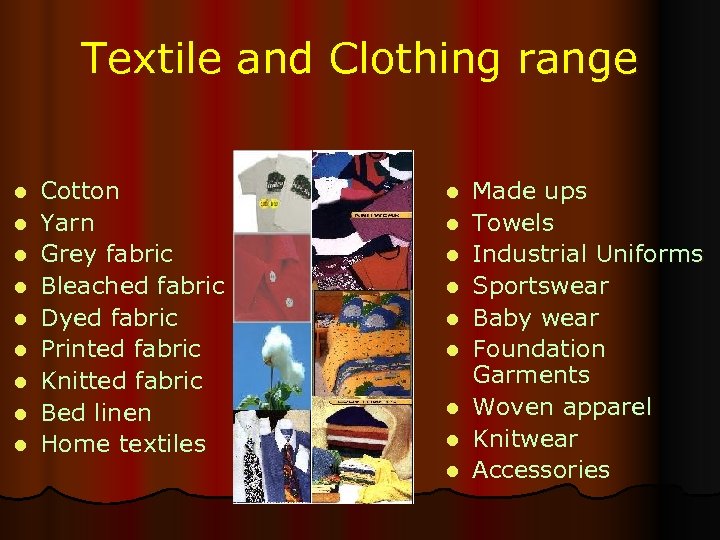 Textile and Clothing range l l l l l Cotton Yarn Grey fabric Bleached