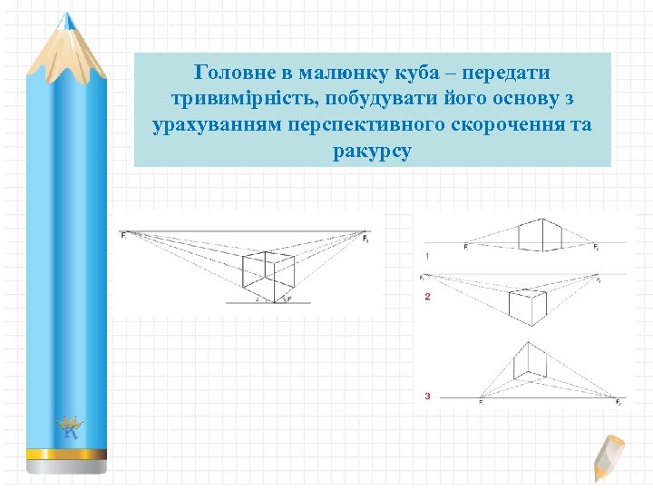 Головне в малюнку куба – передати тривимірність, побудувати його основу з урахуванням перспективного скорочення