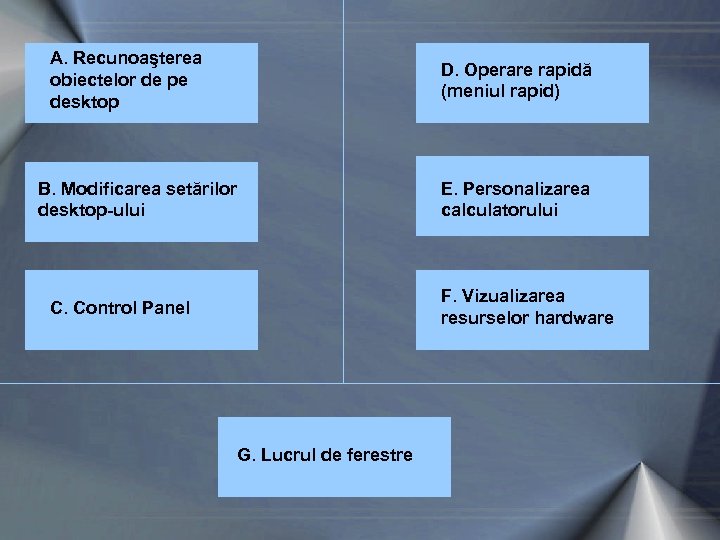 A. Recunoaşterea obiectelor de pe desktop D. Operare rapidă (meniul rapid) B. Modificarea setărilor