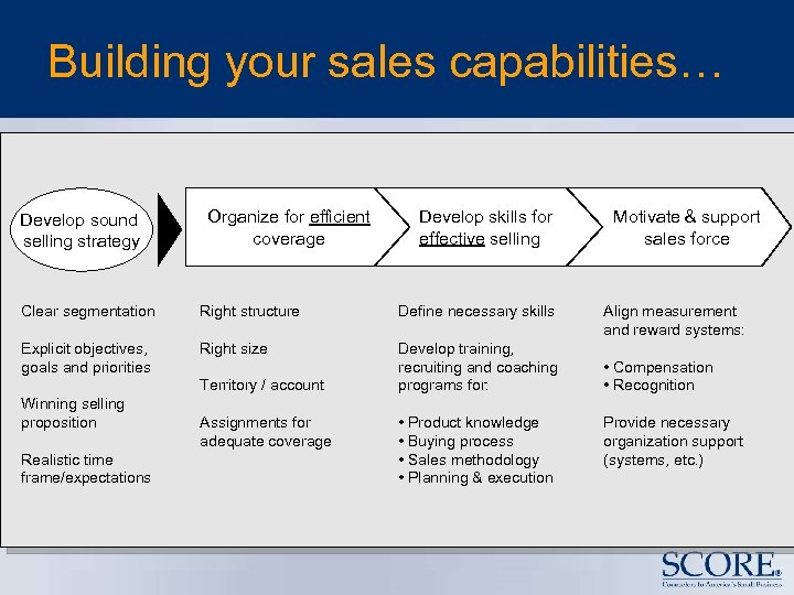 Building your sales capabilities… Develop sound selling strategy Organize for efficient coverage Develop skills