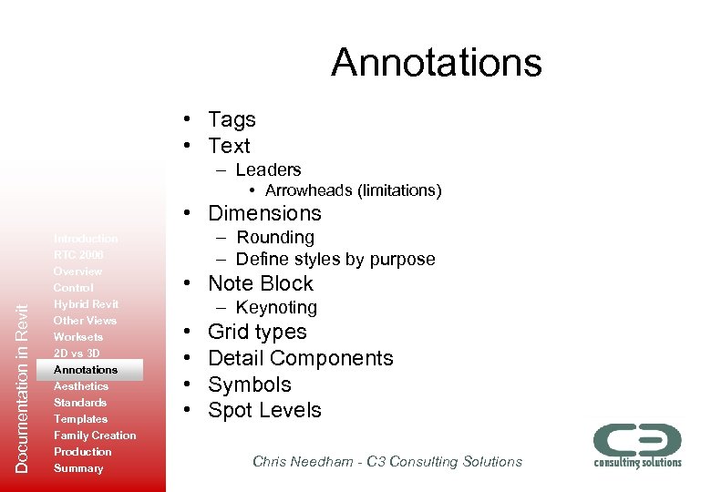 Annotations • Tags • Text – Leaders • Arrowheads (limitations) Documentation in Revit •